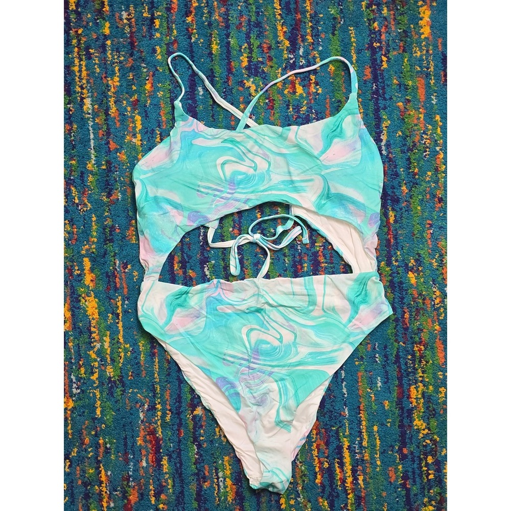 NWT Aqua Swim Monokini Turquoise Marble Cutout One Piece Womens Small - Picture 2 of 6